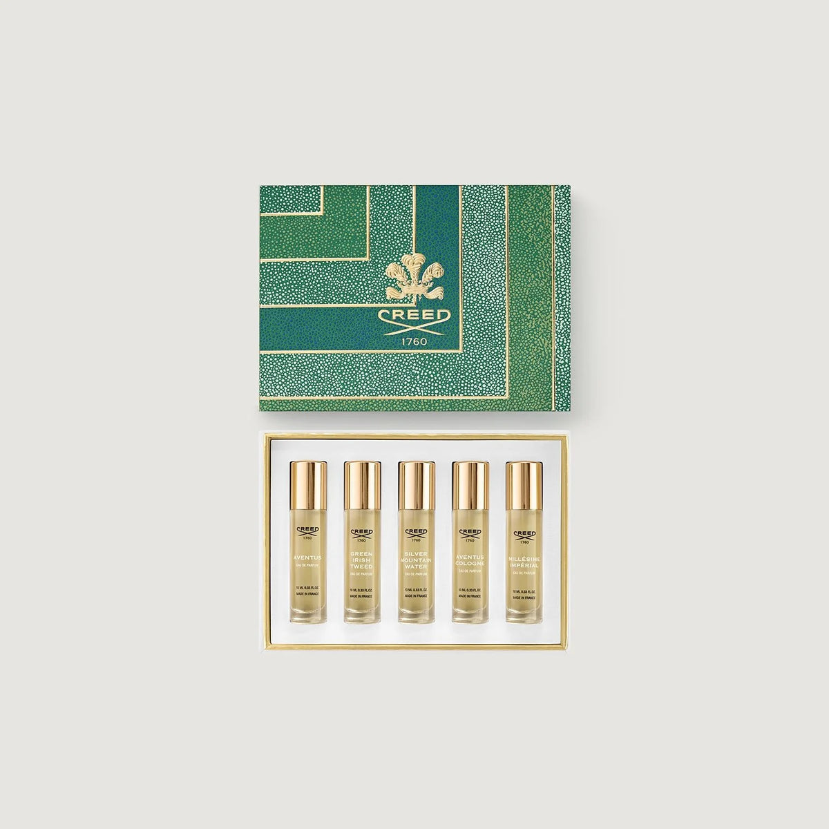 Creed 5 * 0.33 Eau De Parfum Spray Set For Men: Aventus + Silver Mountain Water + Aventus Cologne + Green Irish Tweed  + Millesime Imperial