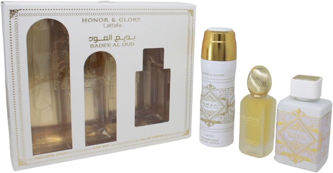 Lattafa Bade'e Al Oud Honor & Glory 3 Pcs Set: 3.4 Eau De Parfum Spray + 1.7 Hair Mist + 6.7 Perfumed Body Spray