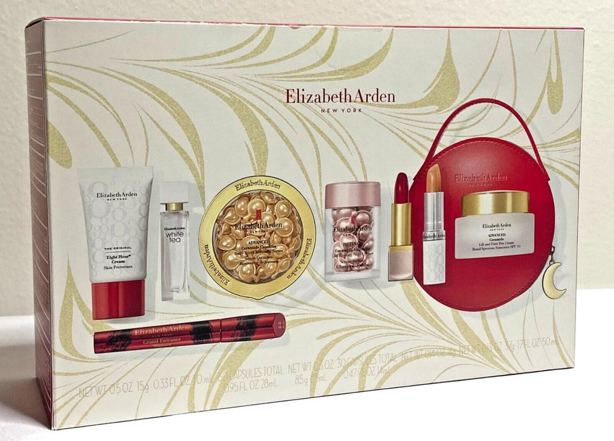 Elizabeth Arden 9 Pcs Set: Advanced Ceramide 60 Capsules + Retinol Ceramide 30 Capsules + Advanced Ceramide 1.7 Cream +0.5 Skin Cream + 0.37 Lip Cream + 0.14 Lipstick Red Door 019 +0.3 Mascara + White Tea 0.33 Edt Sp + Hand Bag