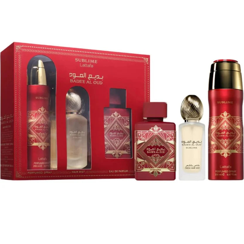 Lattafa Bade'e Al Oud Sublime 3 Pcs Set For Men: 3.4 Eau De Parfum Spray + 1.7 Hair Mist + 6.7 Perfumed Body Spray