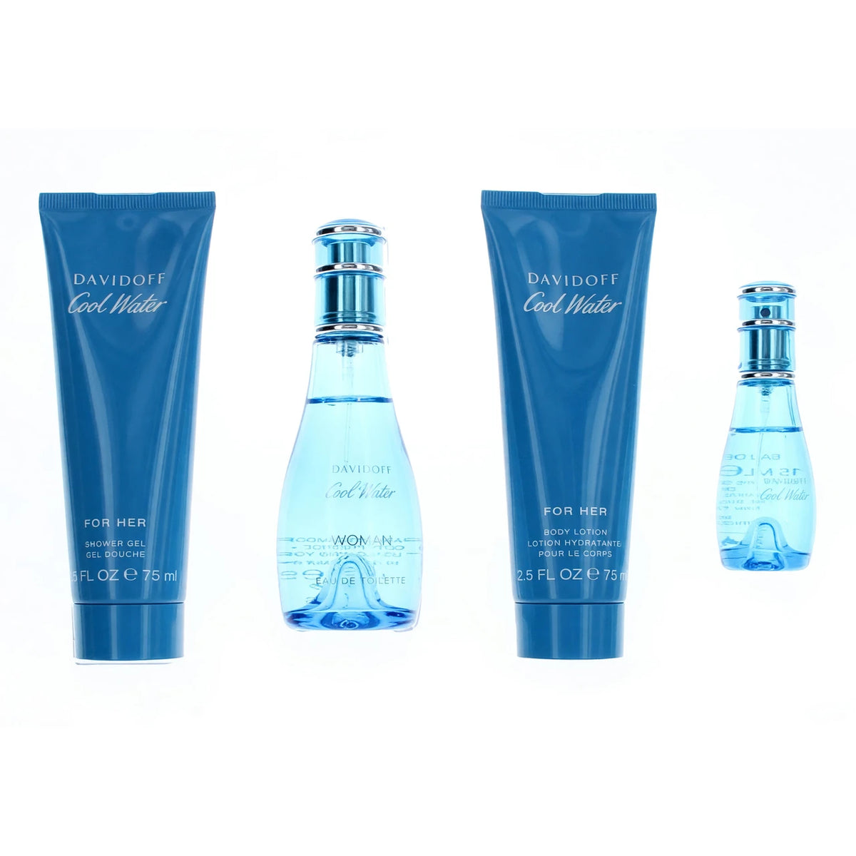 Cool Water 4 Pcs Set For Women: 1.6 Eau De Toilette Spray +0.5 Eau De Toilette Spray + 2.5 Shower Gel + 2.5 Body Lotion