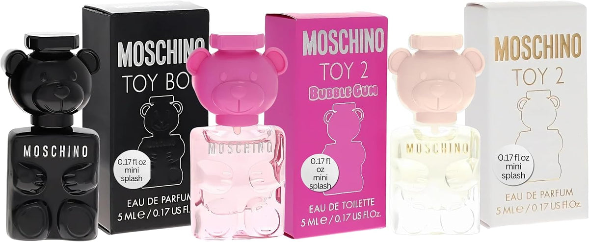 Moschino 3 Pcs Toy Mini Set: Toy Boy 5 Ml Eau De Parfum + Toy 2 Bubble Gum 5 Ml Eau De Toilette + Toy 2 5 Ml Eau De Parfum.