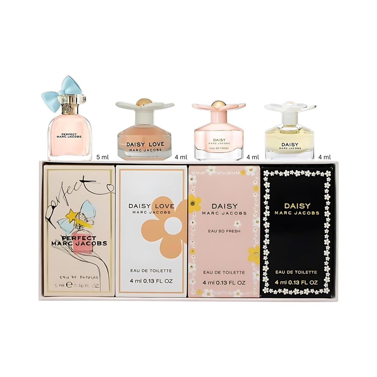 Marc Jacobs 4 Pcs Mini Set For Women: Daisy 4 Ml Eau De Toilette + Daisy Eau So Fresh 4 Ml Eau De Toilette + Daisy Wild 4 Ml Eau De Parfum + Perfect 5 Ml Eau De Parfum