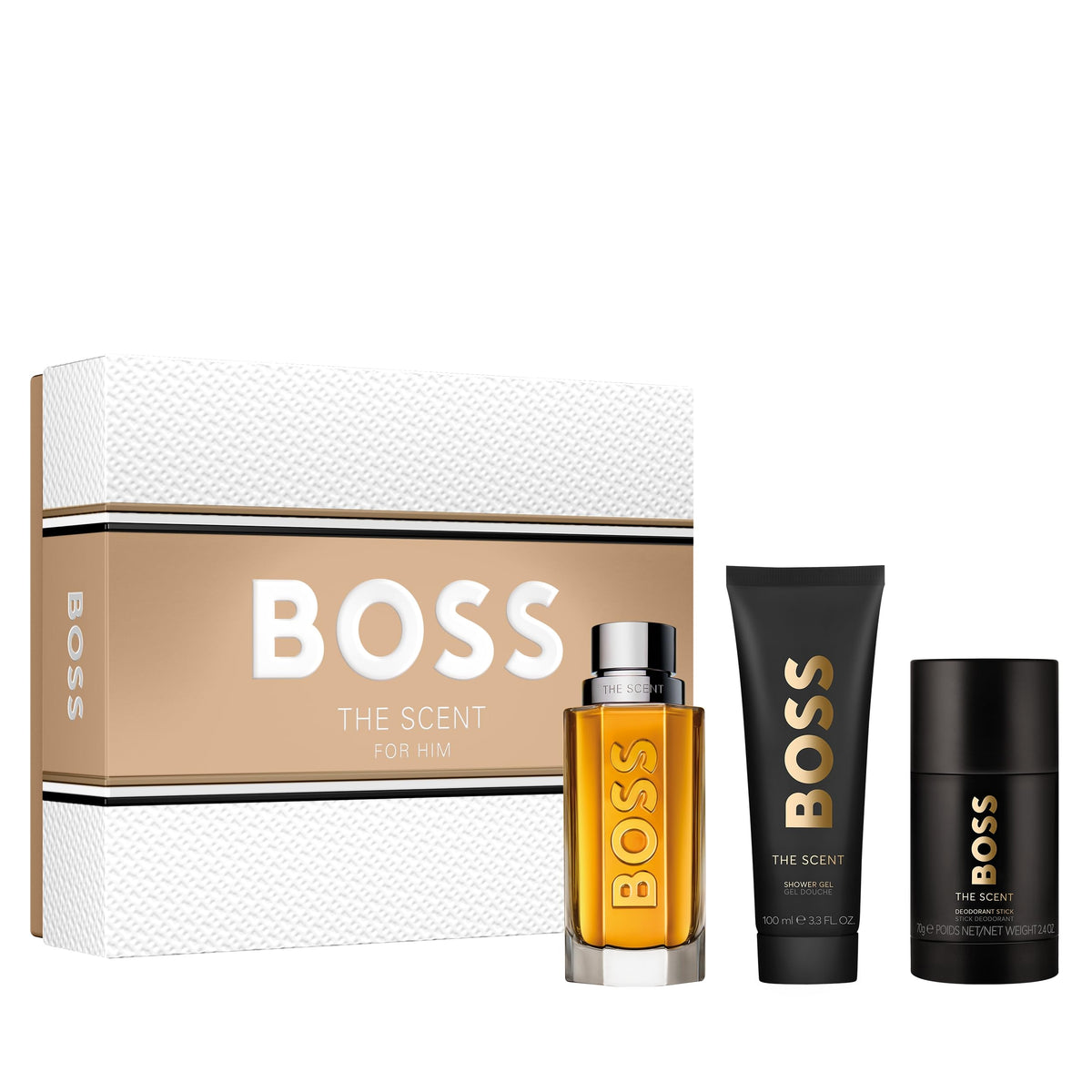Hugo Boss The Scent 3 Pcs Set For Men: 3.3 Eau De Toilette Spray + 0.33 Oz Eau De Toilette Spray + 3.3 Shower Gel