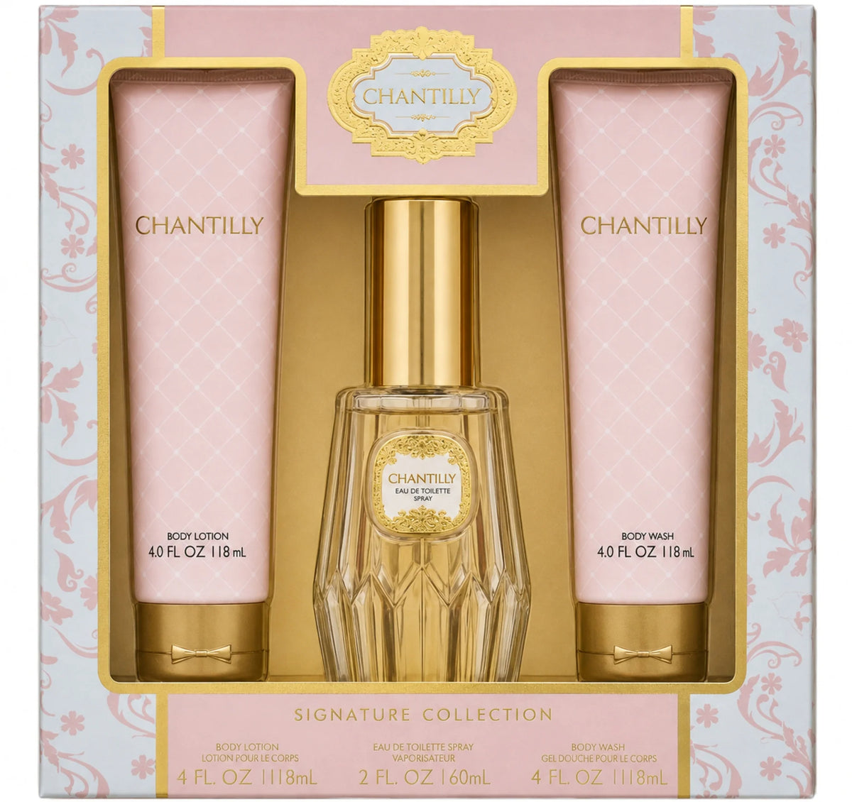 Chantilly 3 Pcs Set For Women: 2 Oz Eau De Toilette Spray + 4 Oz Body Lotion + 4 Oz Body Wash