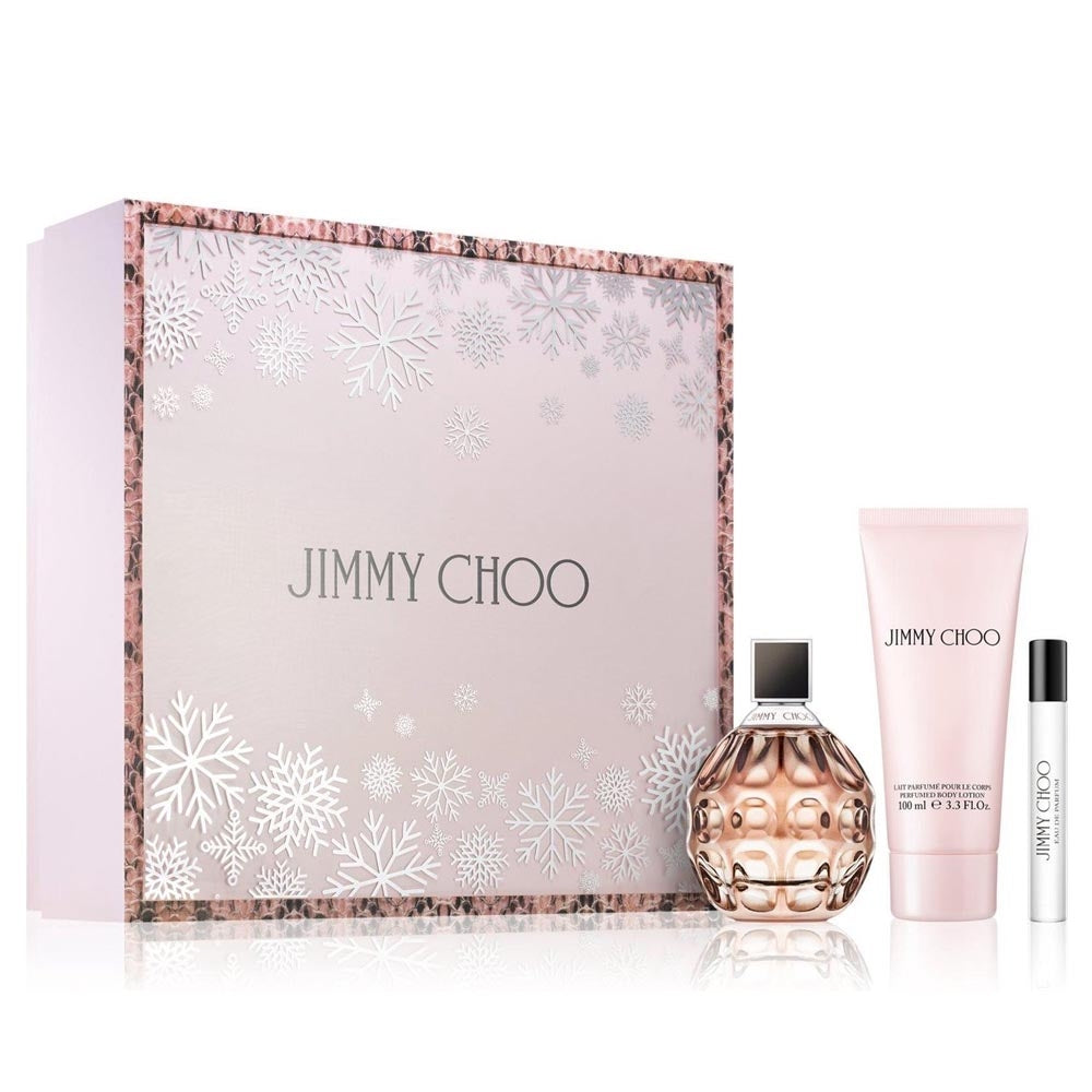 Jimmy Choo 4 Pcs Set For Women: 3.3 Eau De Parfum Spray + 0.25 Eau De Parfum Spray + 3.3 Body Lotion + Pouch