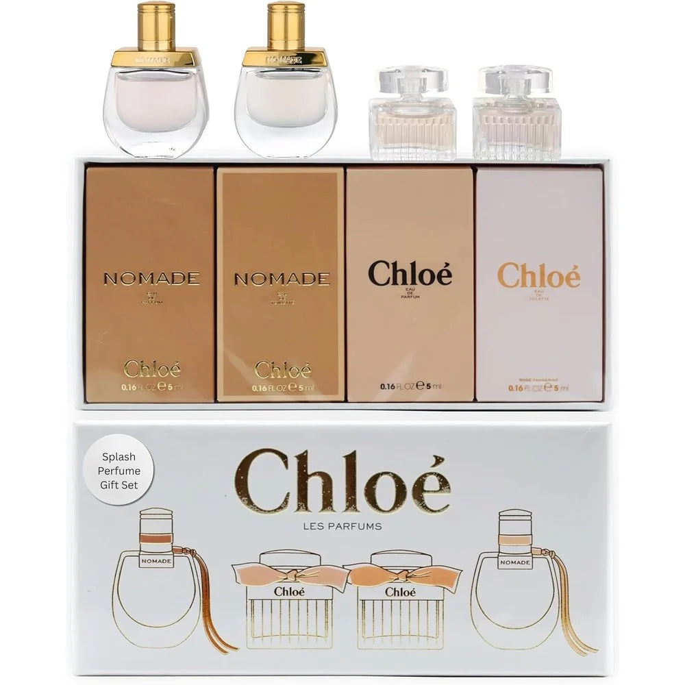 Chloe 4 Pcs Set For Women: Nomade 0.16 Eau De Toilette Mini + Rose Tangerine 0.16 Eau De Toilette Mini + Chloe 0.16 Eau De Parfum Mini + Nomade 0.16 Eau De Parfum Mini