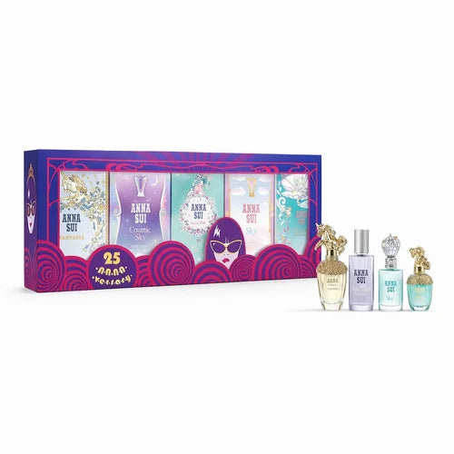 Anna Sui 6 Pc Mini Set For Women: Fantasia 0.17 Eau De Toilette + Fantasia Mermaid 0.17 Eau De Toilette + Secret Wish0.17 Eau De Toilette + 2 X Sky 0.17 Eau De Toilette + Pouch